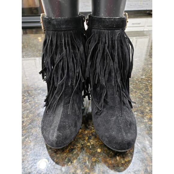 Forever Fringe Booties Women's 7.5 Black Suede Round Toe Stiletto Heel Side Zip - Picture 2 of 15